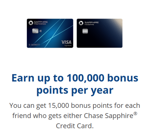 A screen shot shows the refer a friend offer for the Chase Sapphire cards.