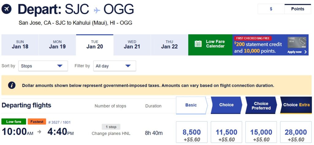 Southwest award example from San Jose to Maui Hawaii for 8,500 Southwest Rapid Rewards points