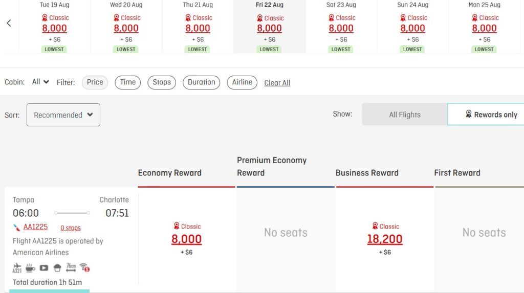 Qantas award from TPA to CLT