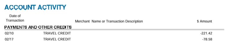 A screenshot shows a credit card statement reflecting a travel credit.