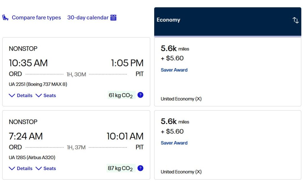 ORD to PIT for 5,600 United miles