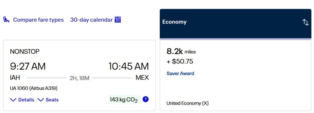 Houston to Mexico City for 8,200 United miles.