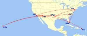 Map of domestic routes where American Airlines is flying lie-flat seats on its Boeing 777-200 aircraft in October 2025