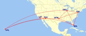Map of domestic routes where American Airlines is flying lie-flat seats on its Boeing 787-8 aircraft in October 2025