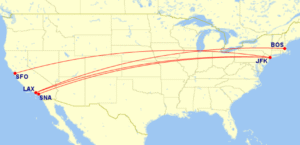 Map of all domestic routes where American Airlines is flying lie-flat seats in September 2025