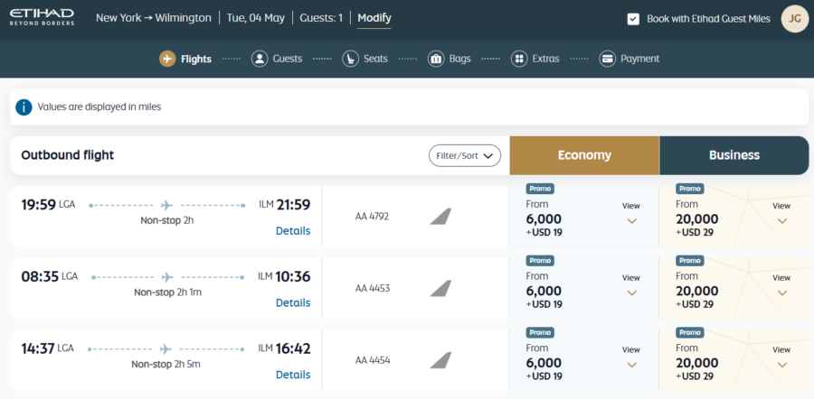 Etihad Guest award search results from New York to Wilmington for 6,000 Etihad miles one-way