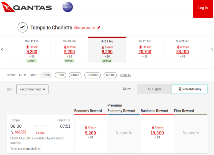 Qantas Frequent Flyer award search results showing a flight redemption from Tampa to Charlotte for 9200 points