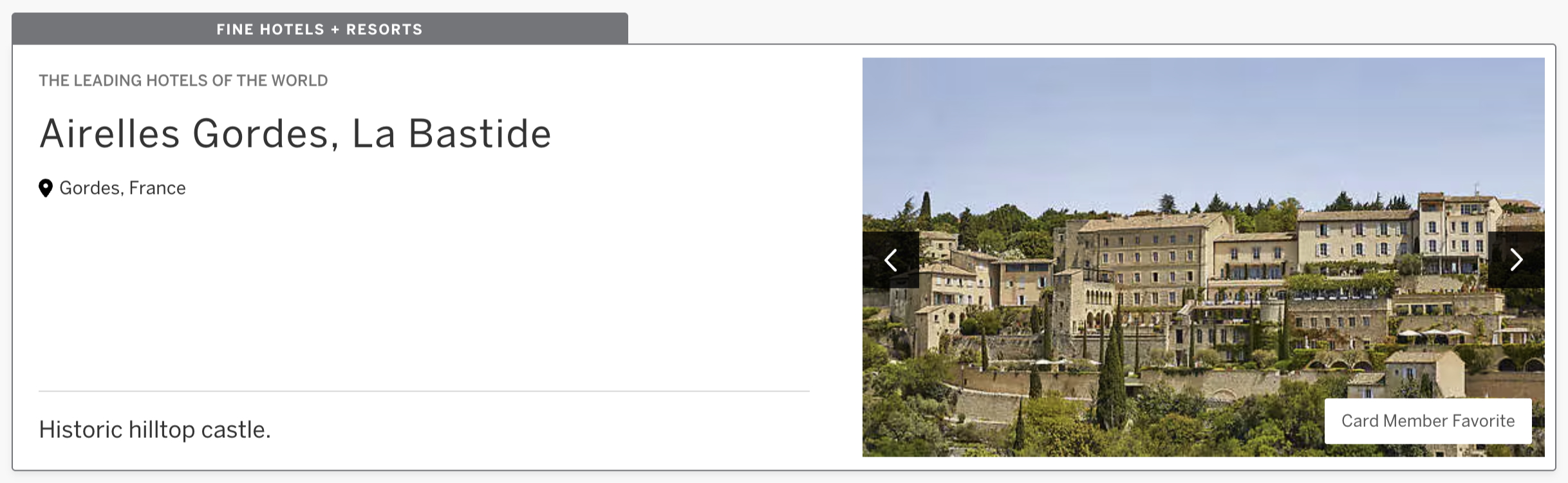 Screenshot of Amex Travel website showing the Fine Hotels + Resort designation for Airelles in Gordes, France