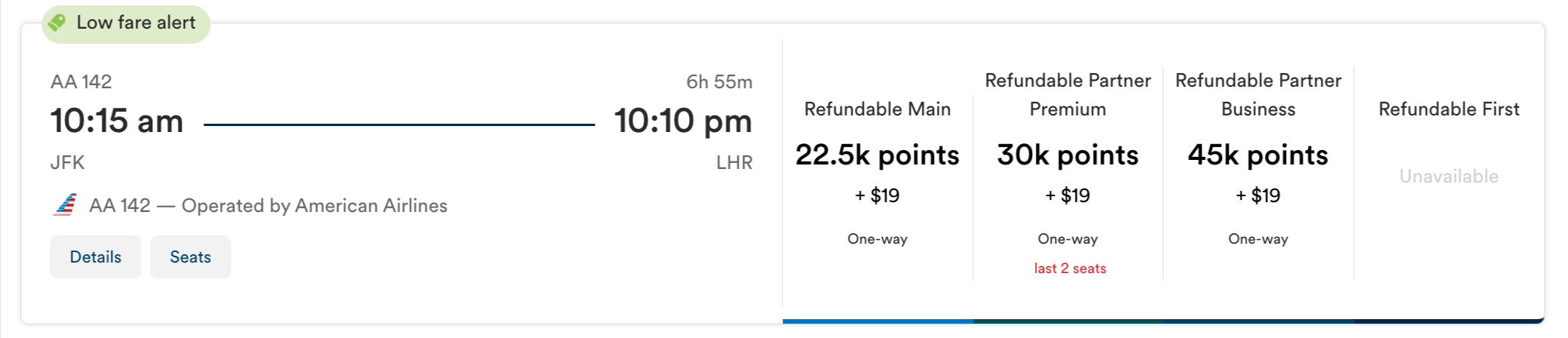 Alaska Airlines award search for an American Airlines flight from New York to London.