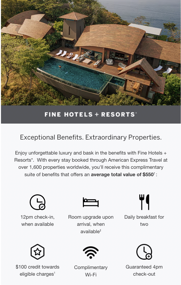 Screenshot from American Express website showing Fine Hotels + Resorts benefits