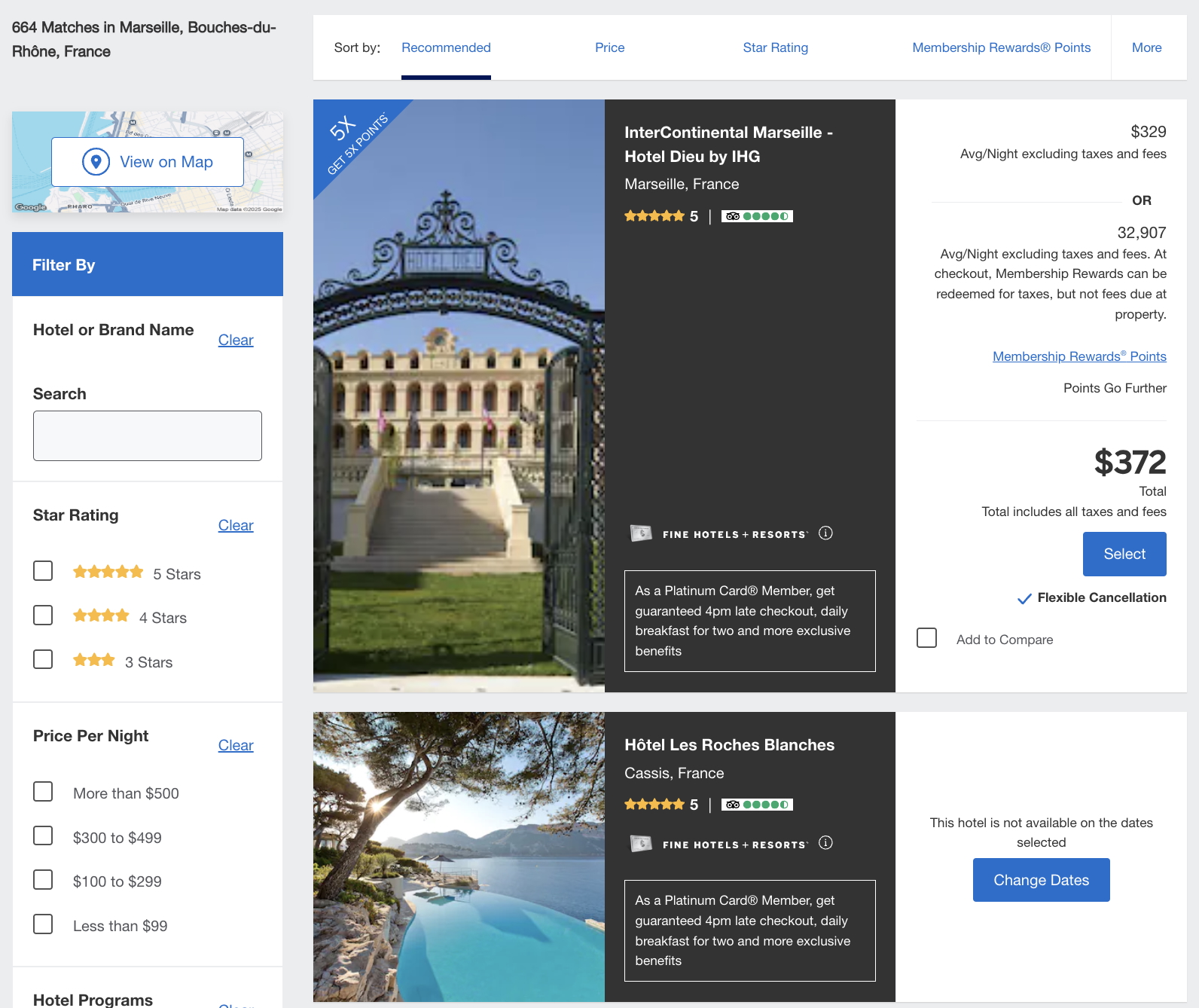Screenshot from Amex Travel website showing results page