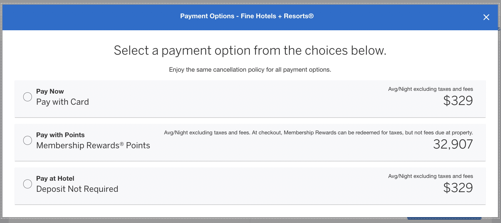 Screenshot from Amex Travel website showing payment options