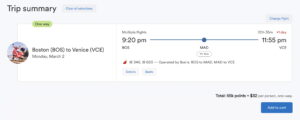 Screenshot from Alaska Airline's award ticket search for Boston to Venice, Italy flights