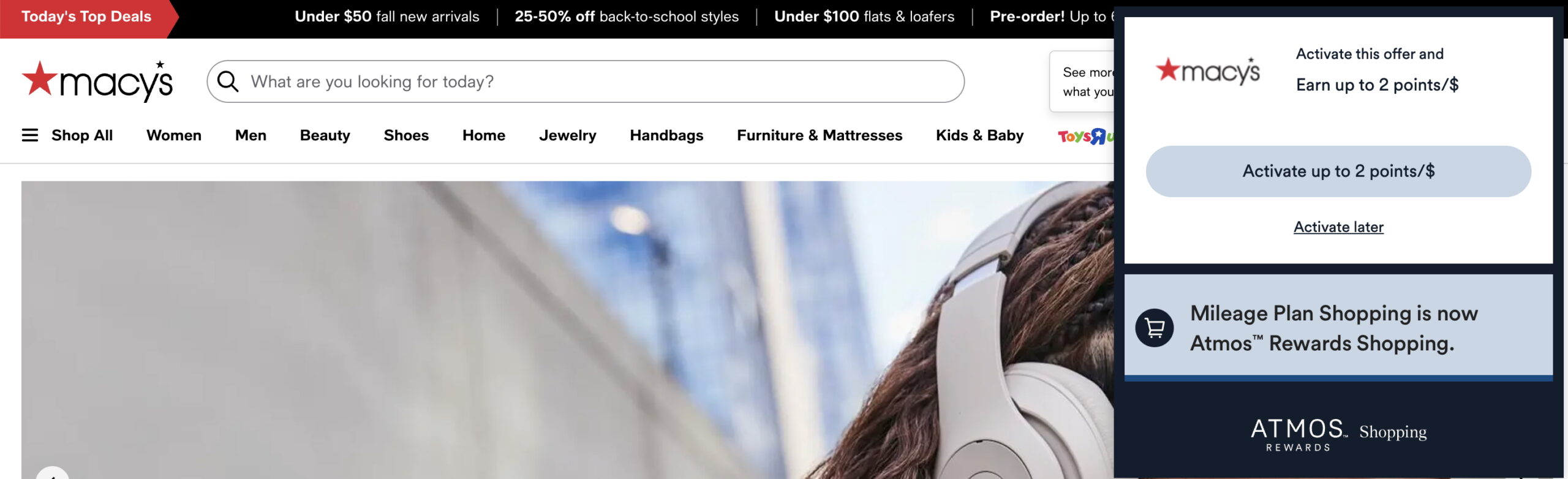 Screenshot of Macy's website showing an Atmos Rewards shopping portal pop-up after installation of Chrome plugin