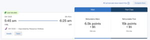 Screenshot from Alaska Airline's award ticket search for Honolulu to Lihue flights