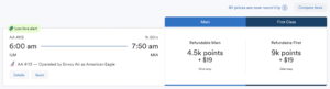 Screenshot from Alaska Airline's award ticket search for Wilmington to Miami flights