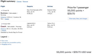Screenshot from Alaska Airline's award ticket search for a multicity itinerary from New York to Helsinki onward to Tallinn flights