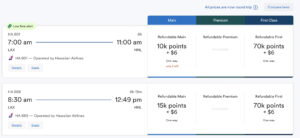 Screenshot from Alaska Airline's award ticket search for Seattle to Honolulu flights