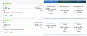 Screenshot from Alaska Airline's award ticket search for Boston to London Heathrow flights