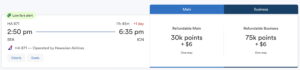 Screenshot from Alaska Airline's award ticket search for Seattle to Seoul Incheon flights