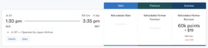 Screenshot from Alaska Airline's award ticket search for Seattle to Tokyo Narita flights