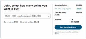 Aeroplan buy points checkout page showing 90% bonus