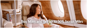 Banner image for current offer to buy Skywards miles from Emirates with up to a 50% bonus.