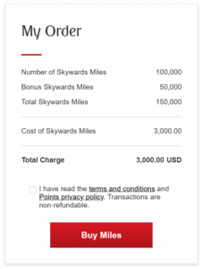 Example buy Skywards miles purchase with up to a 50% bonus.