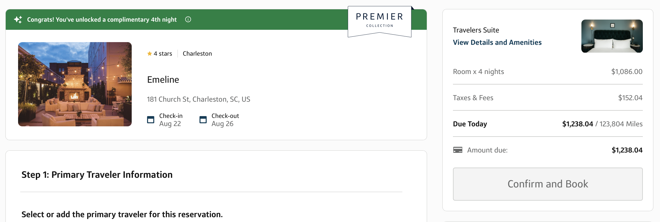 Capital One Premier Collection booking receipt.