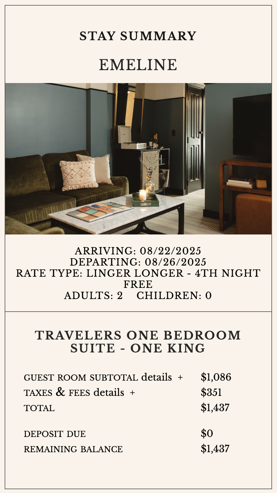 Emeline hotel booking receipt.