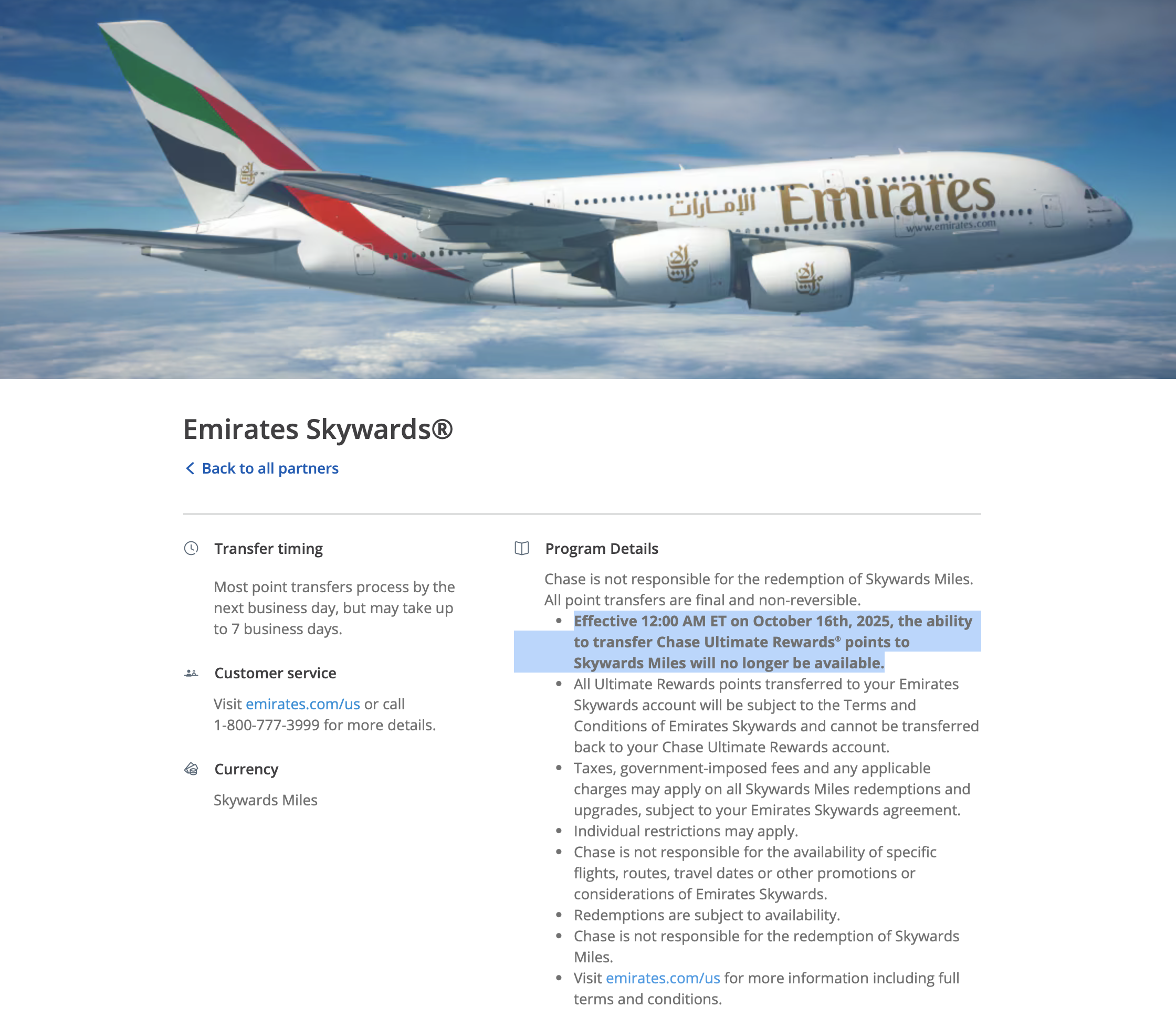 Chase is losing Emirates as a transfer partner on October 16