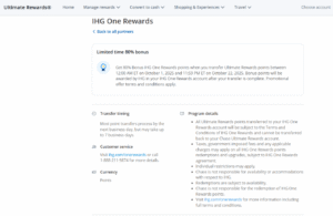 Screenshot showing Chase Ultimate Rewards transfer bonus of 80% to IHG One Rewards