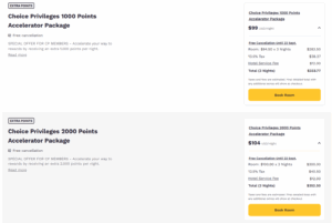 Screenshot showing bonus point pricing for a three-night stay at a Quality Inn in Ybor City