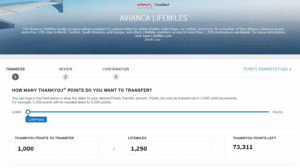 Screenshot showing a transfer of 1,000 Citi ThankYou points to 1,250 LifeMiles
