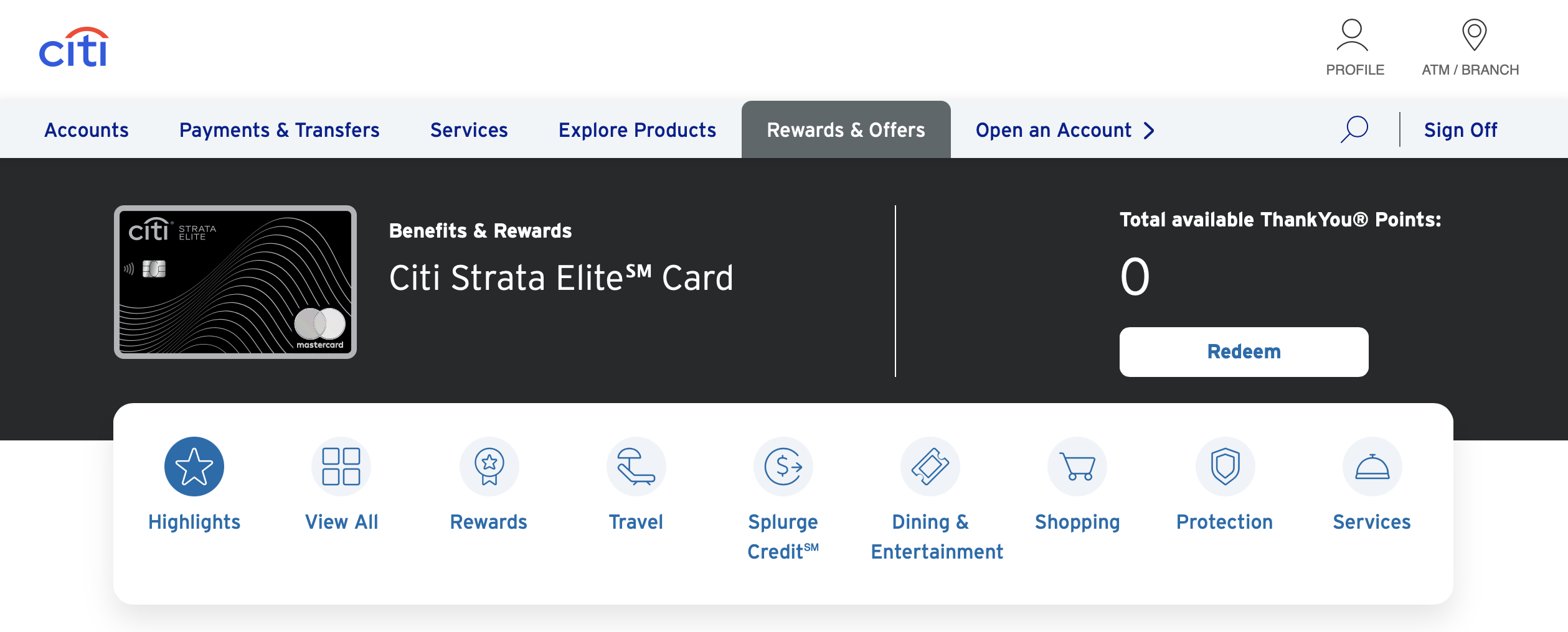 Citi Strata Elite benefits dashboard