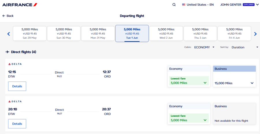 Flying Blue award search results from Detroit to Chicago for 5,000 Flying Blue miles each way