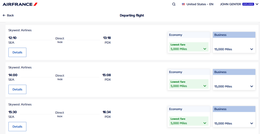 Flying Blue award search results from Seattle to Portland for 5,000 Flying Blue miles each way