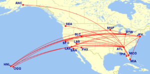 Map of all Delta domestic lay-flat routes for October 2025