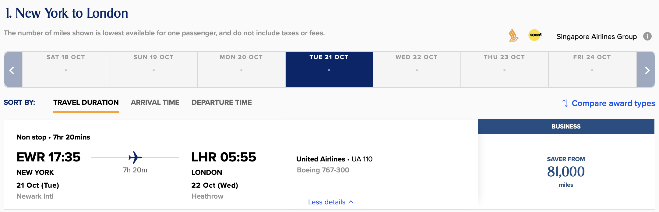 United business class award from EWR to LHR via Singapore Airlines