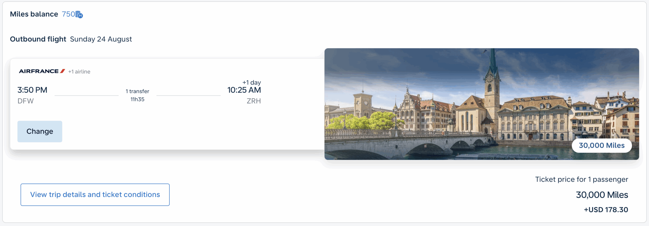 Flying Blue premium economy class award from DFW to ZRH.