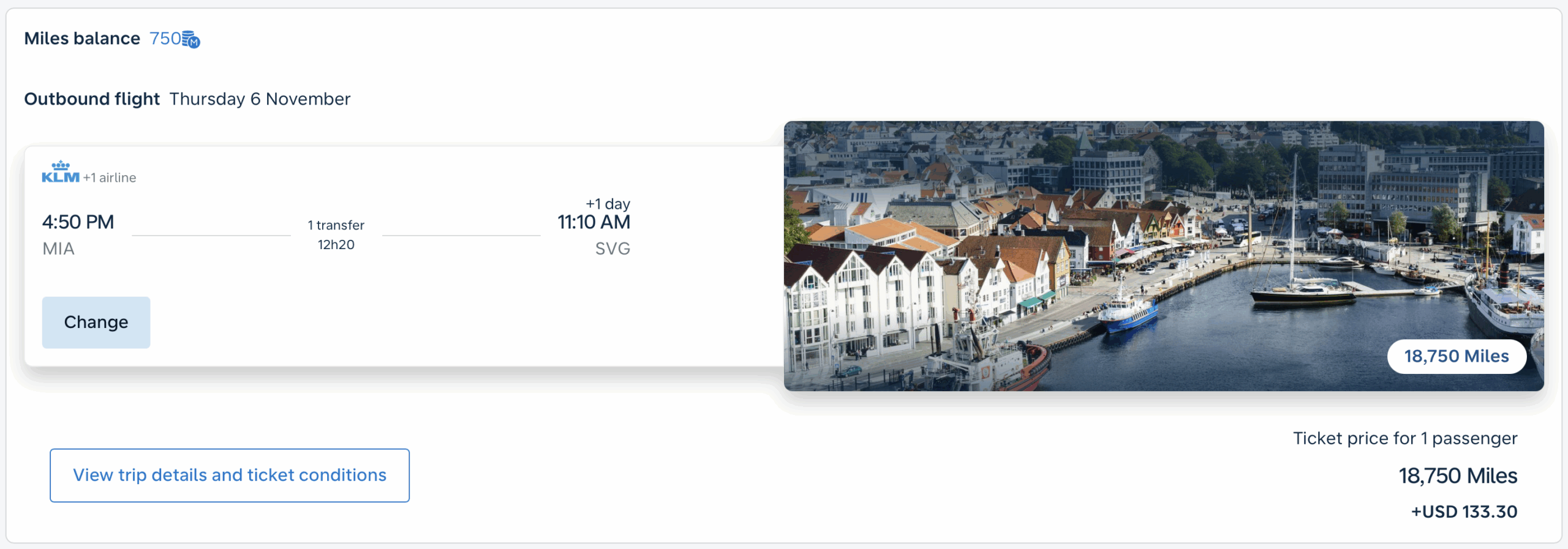 Flying Blue economy class award from MIA to SVG.