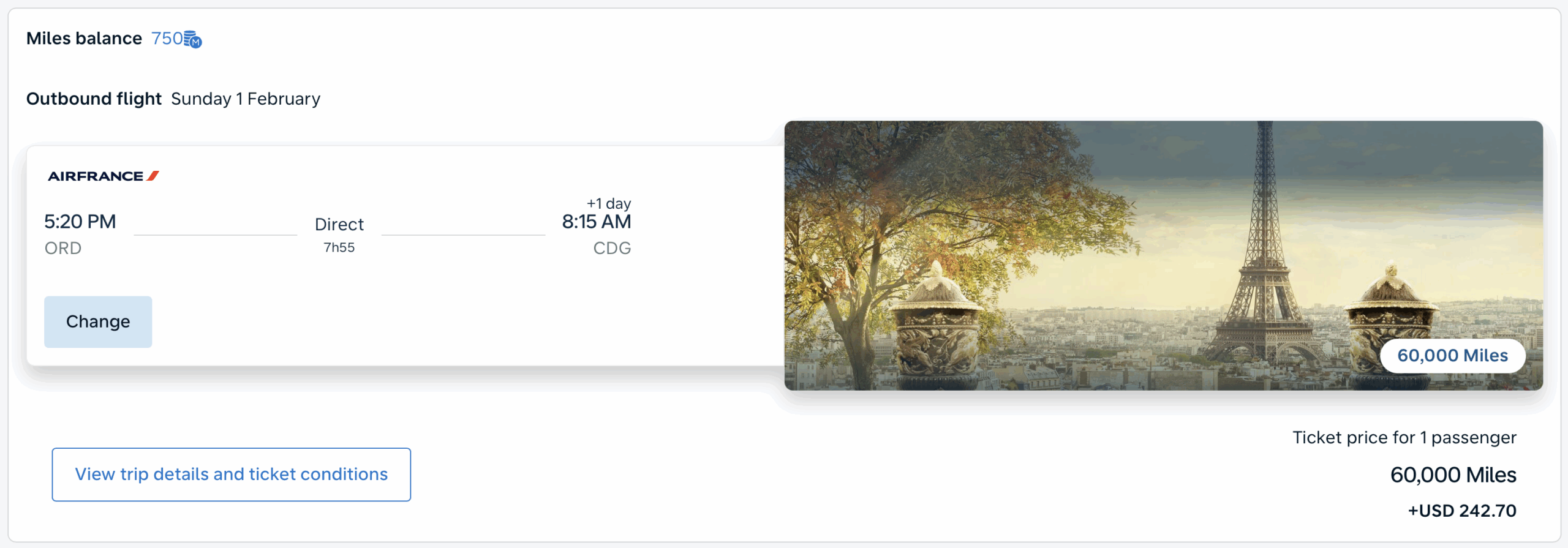 Membership Rewards Europe Sweet Spot Flying Blue award from ORD to CDG