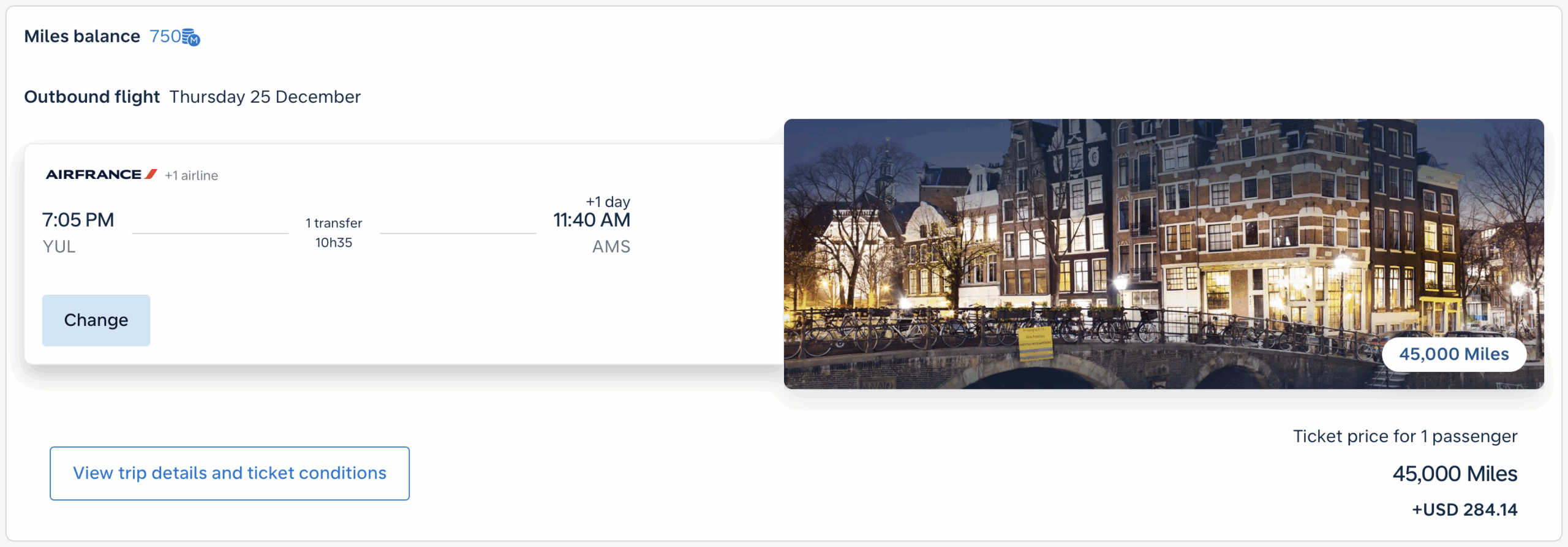 Flying Blue business class award from YUL to AMS.