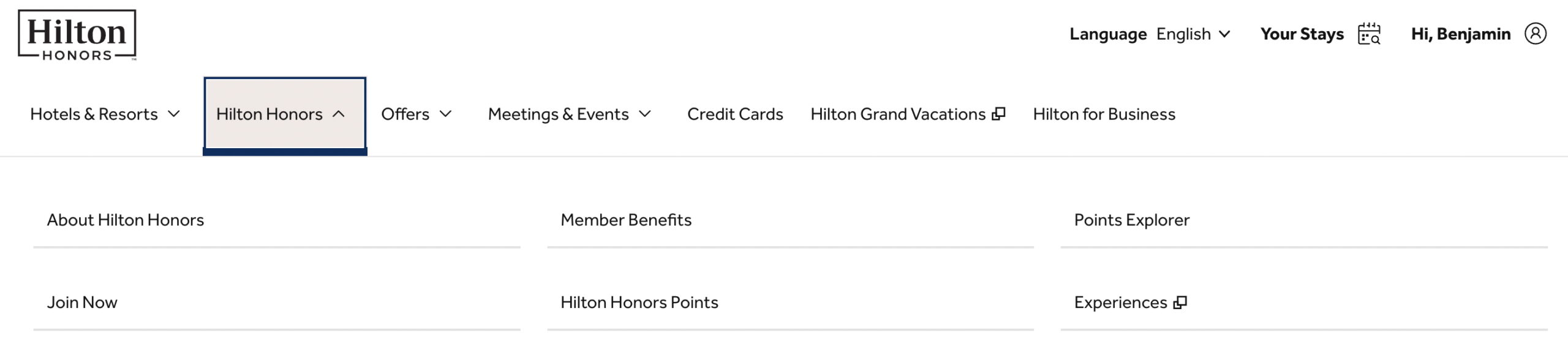 Screenshot from Hilton's website showing main menu