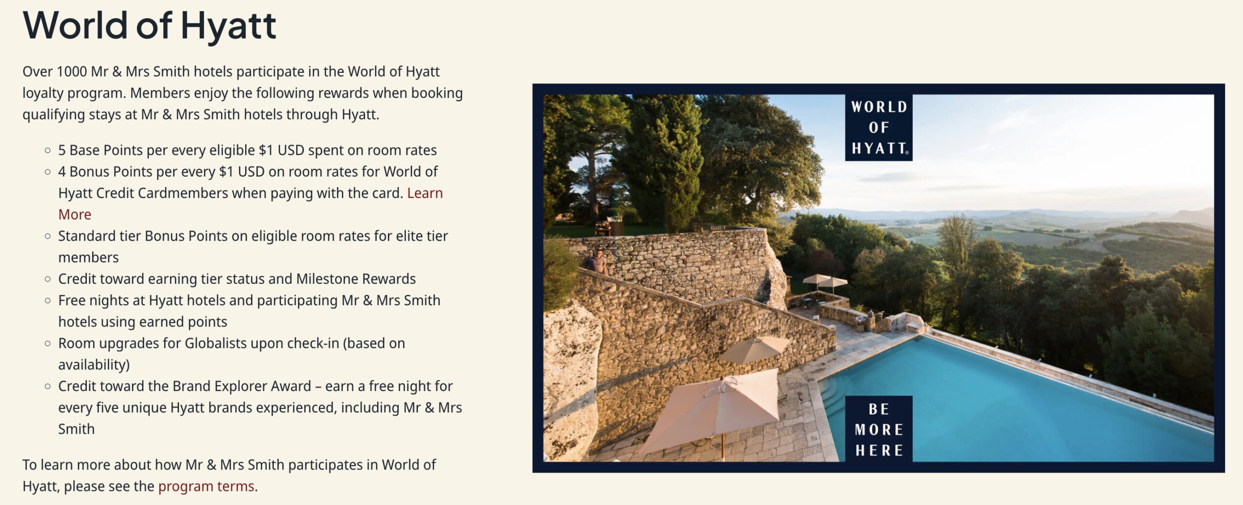 Screenshot from Hyatt's website showing benefits for Mr & Mrs Smith properties