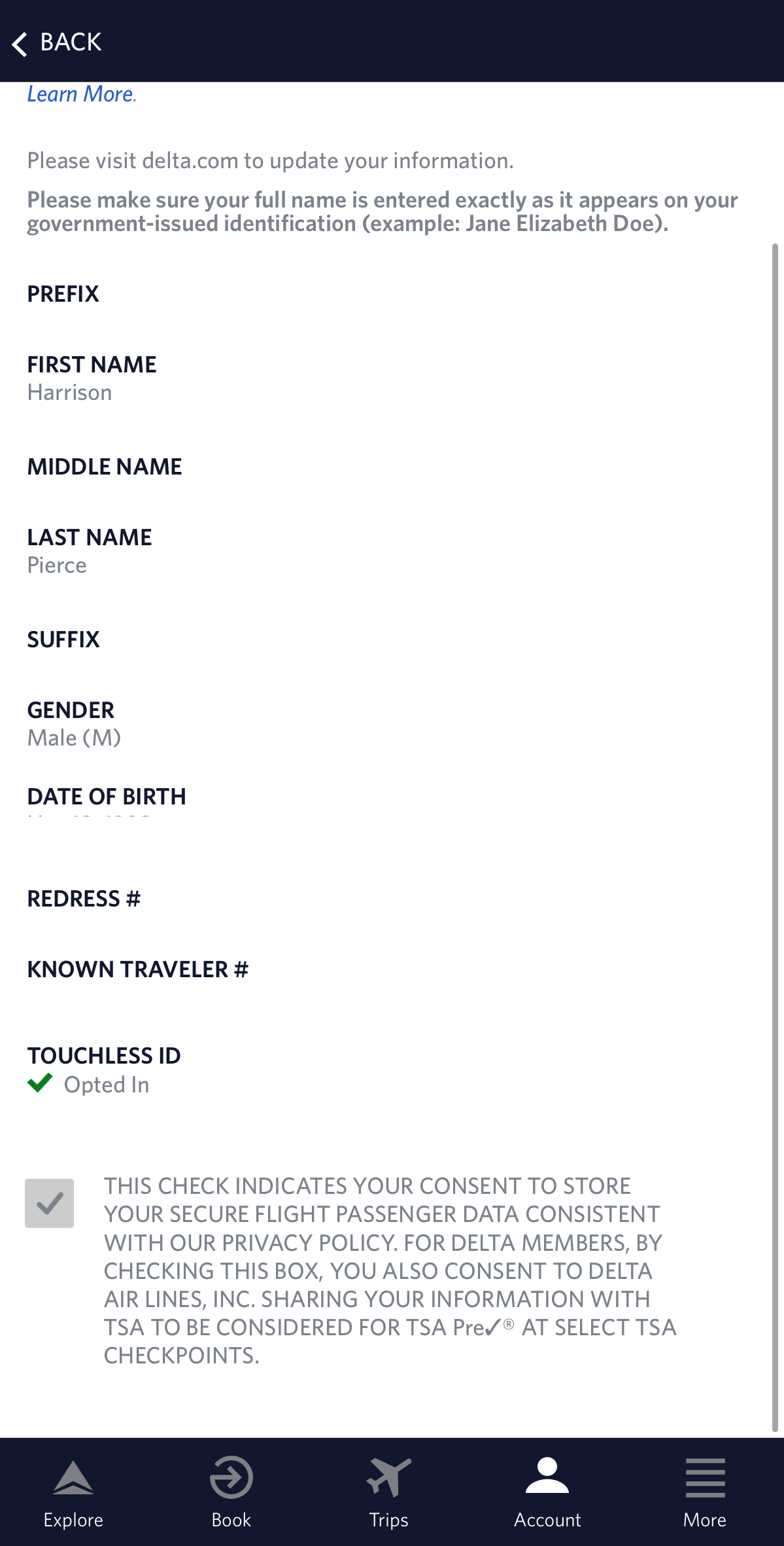 A screenshot of the Known Traveler Section in the Fly Delta app.