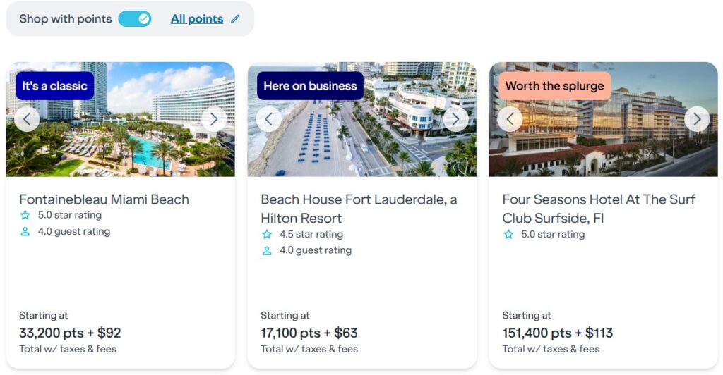 JetBlue Travel hotel examples with points