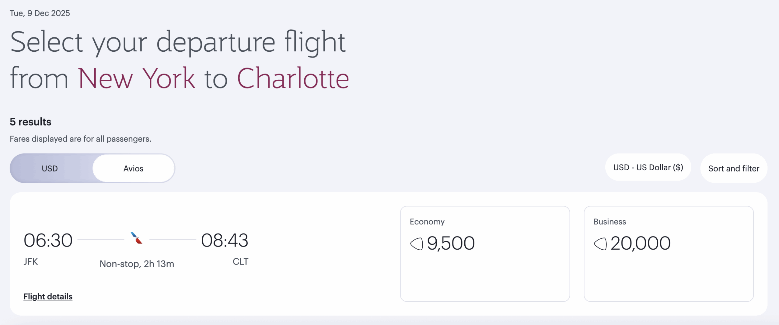 AA award from JFK to CLT via Qatar Airways.