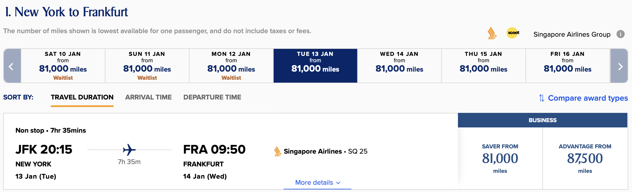 Singapore Airlines business class award from JFK to FRA.