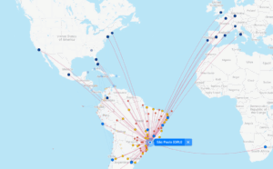 Screenshot of LATAM route map from Sao Paulo to the United States